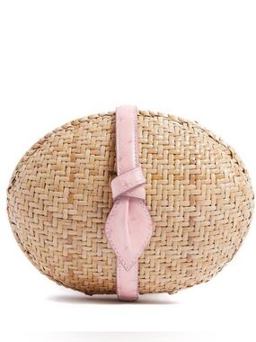 Pamela Munson Golden Egg Clutch Pink Leather Rattan Woven Resort Bag